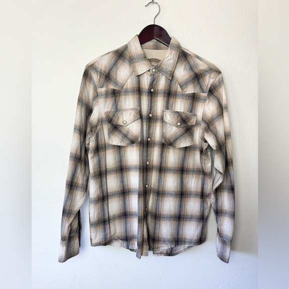 MO55issue mens Long Sleeve Brown Plaid Snap Button Shirt Size Medium 100% Cotton - Picture 1 of 4